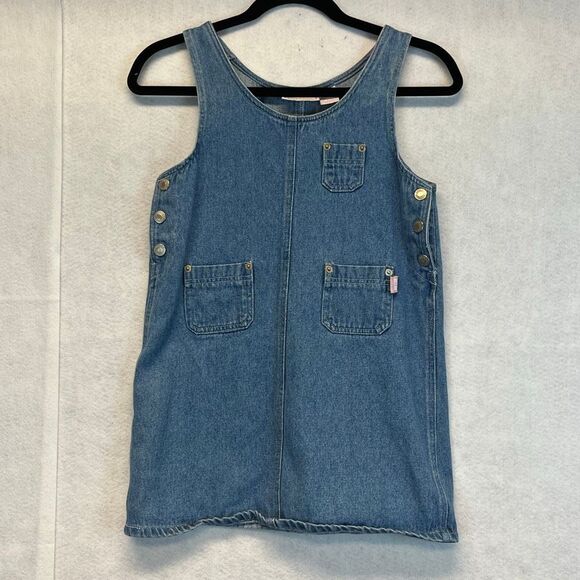 Vintage JESSI LEE Jumper Dress Girls Size 10 Blue Denim Sleeveless Side Buttons - Picture 1 of 12